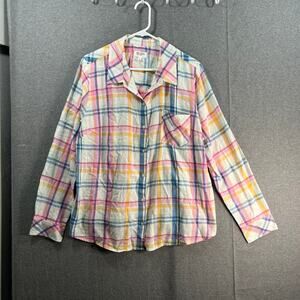 Candace Cameron Bure Regular Linen Blend Button- Front Shirt White Plaid, Large